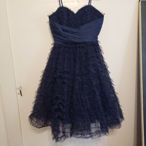 Navy Blue 1950s Vintage Style Tulle Ruffle Formal Prom Cocktail Dress Medium
